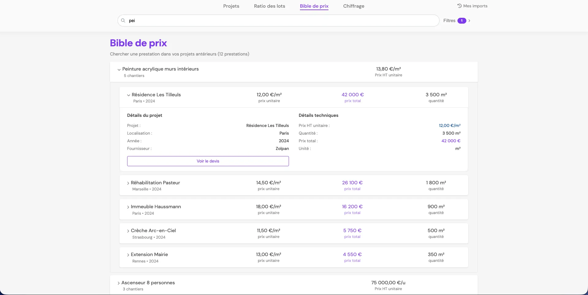Interface Bible de prix — recherche de prestations avec prix unitaires
