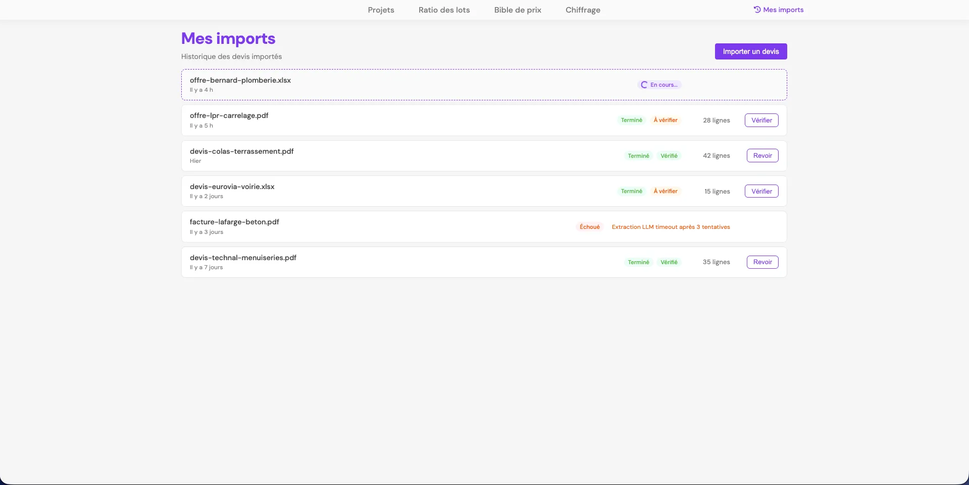 Interface Mes imports — historique des devis importés avec statuts